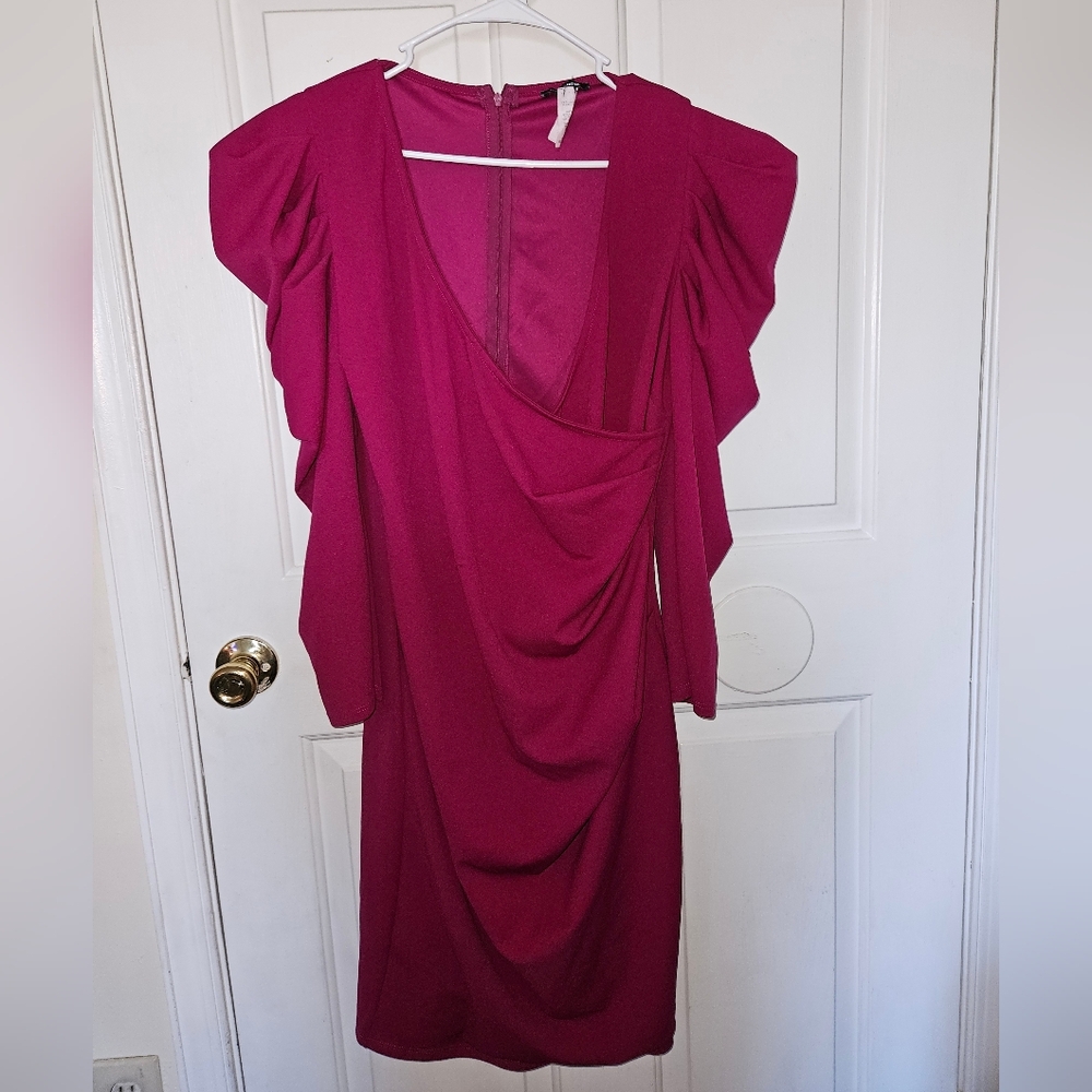 Cute Faux Wrap Style Magenta Dress